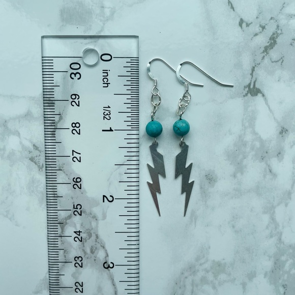 Lightning Bolt Silver Earrings with Turquoise Accent - Picture 4 of 5